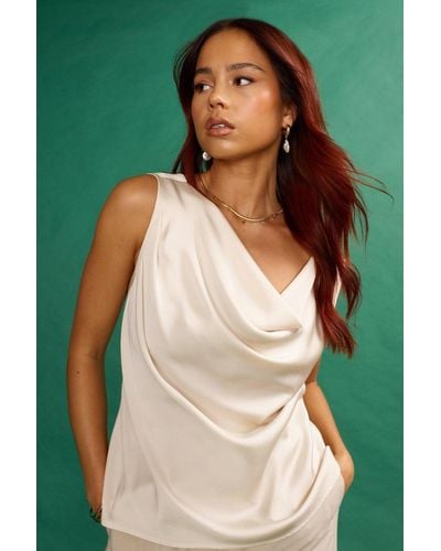 ANOTHER SUNDAY Satin Sleeveless Cowl Cami Top In Champagne - Green