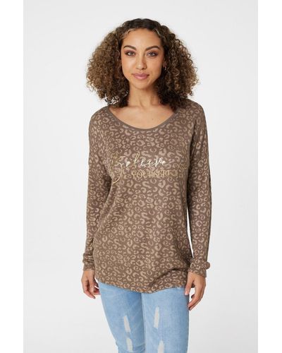 Izabel London Leopard Print Long Sleeve T-shirt - Brown