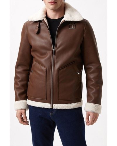Burton Brown Textured Leather Look Aviator Jacket