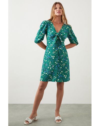 Dorothy Perkins Green Ditsy Tie Front Button Through Mini Dress