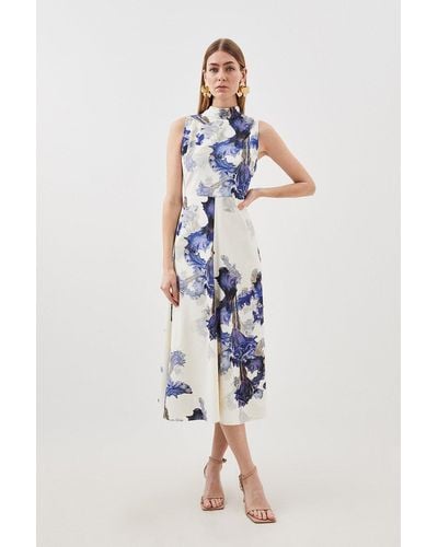 Karen Millen Petite Tailored Crepe Floral Print Tie Neck Midi Dress - Blue