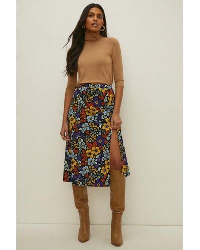 Oasis Petite Floral Crinkle Printed Midi Skirt - Natural
