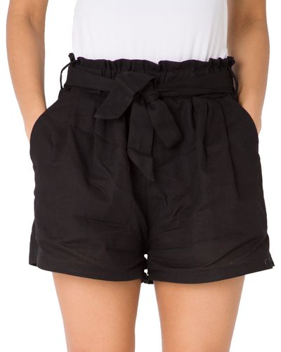 Krisp Tie Belted High Waist Linen Shorts - Black