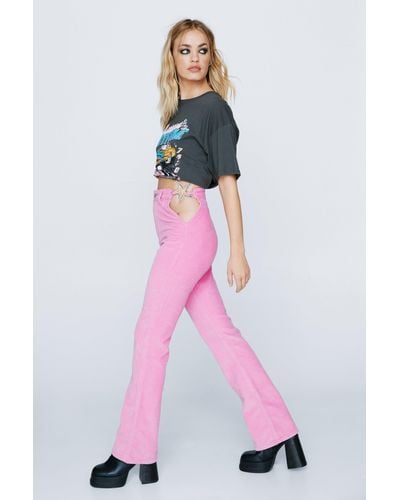 Nasty Gal Premium Cord Star Hardware Flared Trousers - Pink