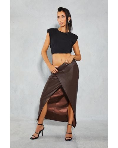 MissPap Leather Look Wrap Utility Midi Skirt - Brown