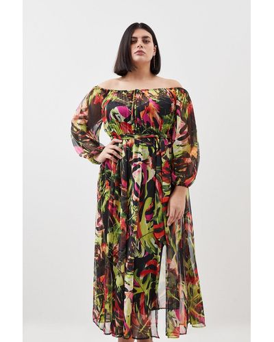 Karen Millen Plus Size Floral Palm Bardot Belted Woven Beach Maxi Dress - Multicolour