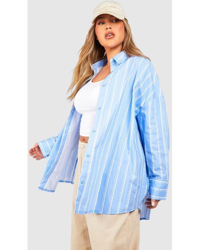 Boohoo Plus Oversized Striped Cotton Poplin Shirt - Blue