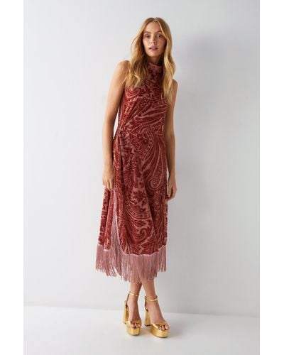 Warehouse Paisley Devore Fringe Halterneck Dress - Red