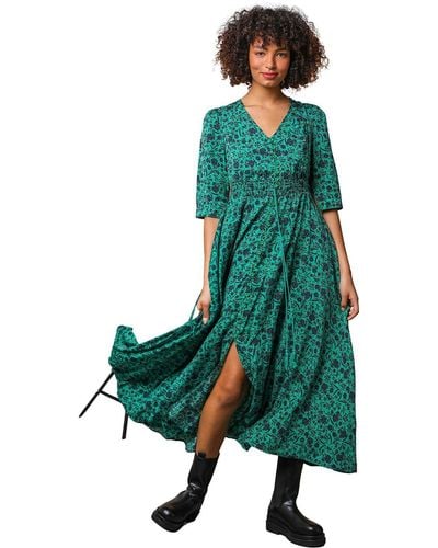 D.u.s.k Floral Print Shirred Waist Maxi Dress - Green