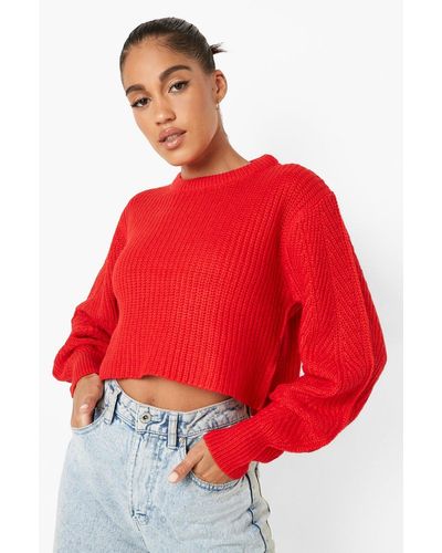 Boohoo Balloon Sleeve Crop Jumper - Red