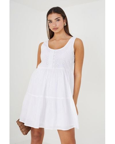 Brave Soul 'anita' Borderie Top Tiered Smock Mini Dress - White