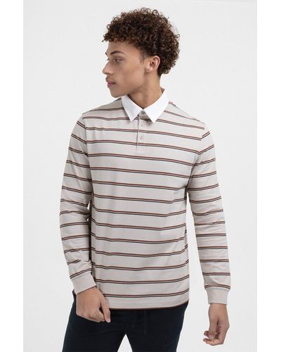 Larsson & Co White, Rust & Navy Striped Long Sleeve Rugby Polo Shirt - Grey