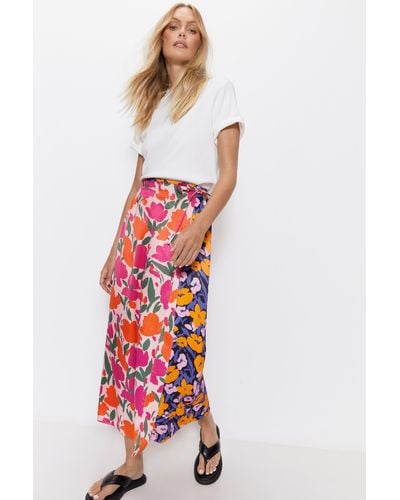Warehouse Splice Floral Satin Wrap Skirt - Red