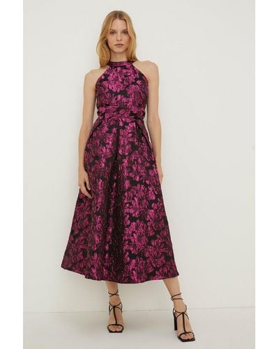 Oasis Petite High Neck Floral Jacquard Midi Dress - Purple