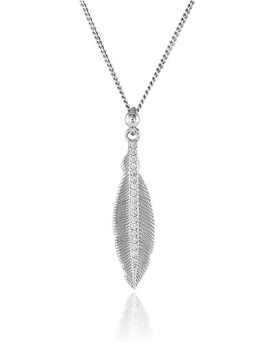 Jewelco London Rhodium Silver Cz Feather Leaf Pendant Necklace 30mm 18'' - Blue