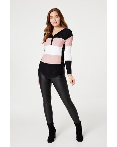 Izabel London Striped Button Side Knit Pullover - Pink