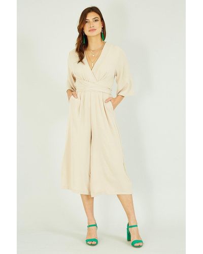 Mela Beige Kimono Style Jumpsuit With Tie Waist And Pockets - Natural