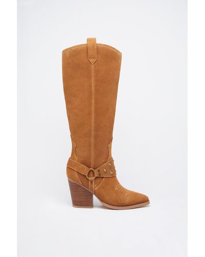 Warehouse Suede Harness Detail Knee High Cowboy Boot - Brown
