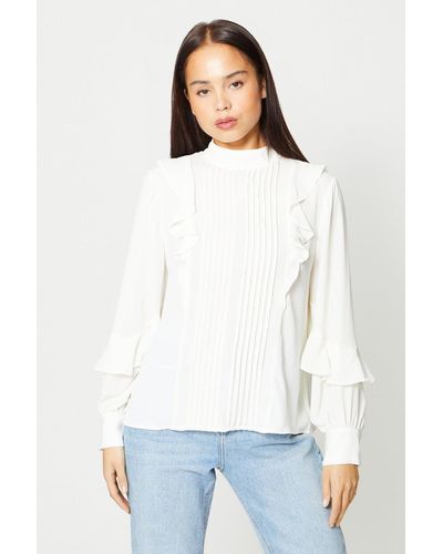 Oasis Petite Frill Pintuck Detail High Neck Top - White