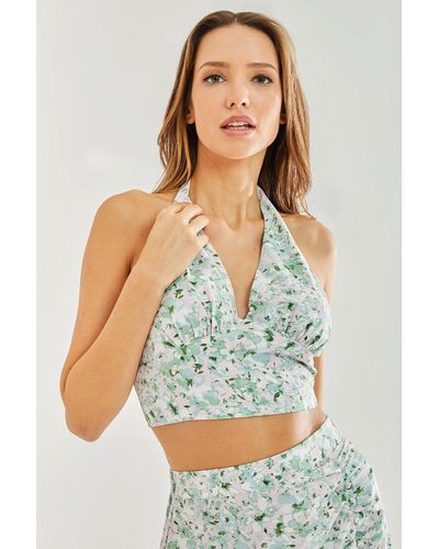 Liquorish Green Floral Halterneck Crop Top