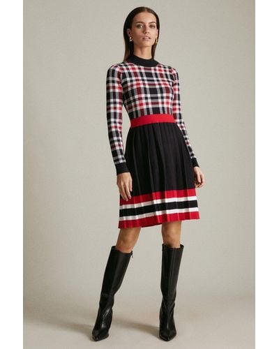 Karen Millen Petite Check Knitted Skater Dress - Red