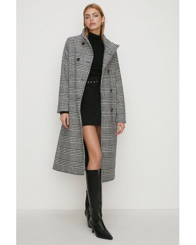 Oasis Check Collared Top Stitch Detail Coat - Grey