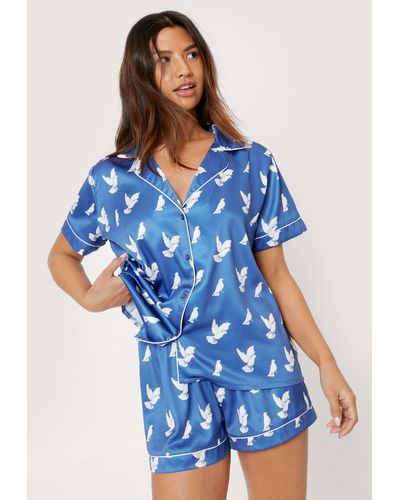 Nasty Gal Recycled Satin Dove Pyjama Short Set - Blue