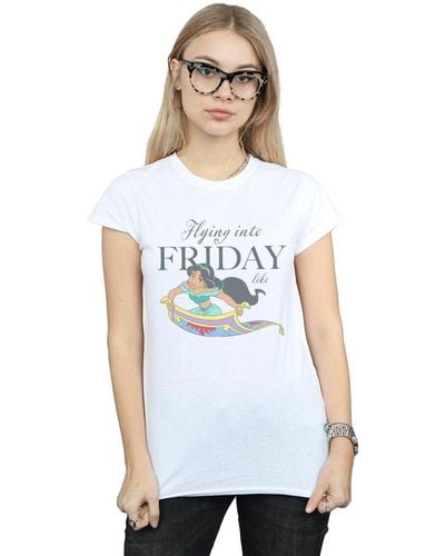 Disney Princess Jasmine Flying Into Friday Like Cotton T-shirt - White
