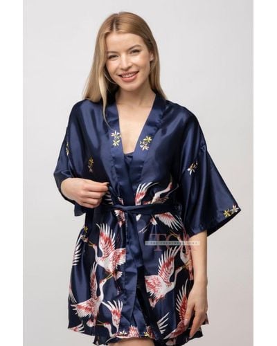 The Colourful Aura 2 Pcs Robe Set Bride Belted Lace Kimono Satin Nightwear Drop Shoulder Nighty - Blue