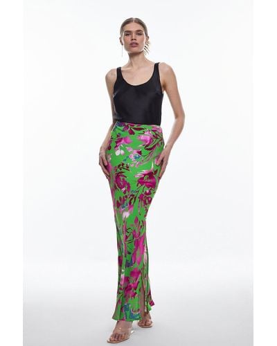 Karen Millen Silhouette Floral Bias Cut Slip Maxi Skirt - Green