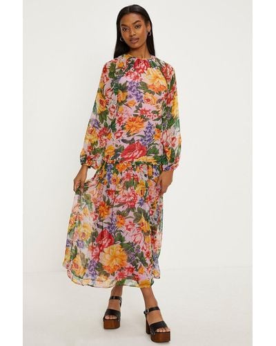 Oasis Green Floral Smocked Tie Yoke Chiffon Midi Dress Lyst UK
