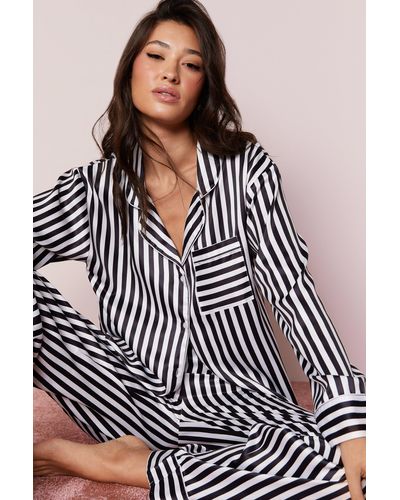 Nasty Gal Satin Placement Stripe Pyjama Trousers Set - Black