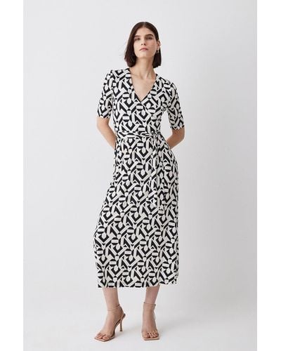 Karen Millen Tall Half Sleeve Geometric Printed Jersey Wrap Midi Dress - White