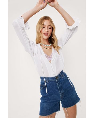 Nasty Gal Button Through Lace Insert Blouse - Blue