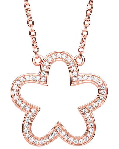 Jewelco London Rose Silver Cz Daisy Flower Outline Charm Necklace 17 Inch - Gvk267 - Pink