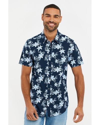 Threadbare 'roselle' Cotton Tropical Print Short Sleeve Shirt - Blue