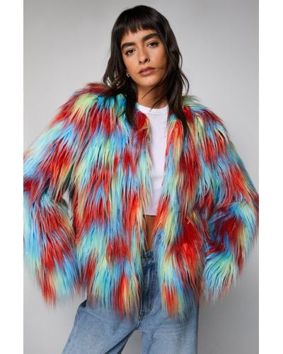 Nasty Gal Multicolour Faux Fur Collarless Jacket - Red