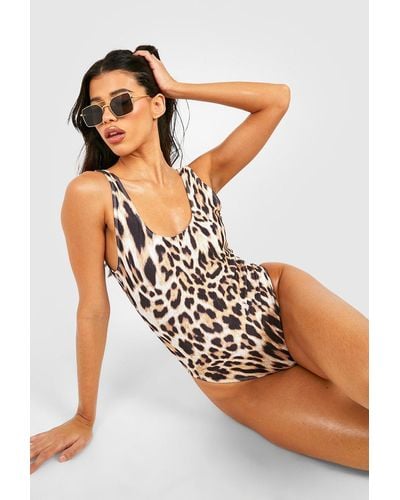 Boohoo Tall Leopard Print Scoop Bathing Suit - Brown