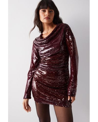 Warehouse Cowl Neck Sequin Long Sleeve Dress - Red