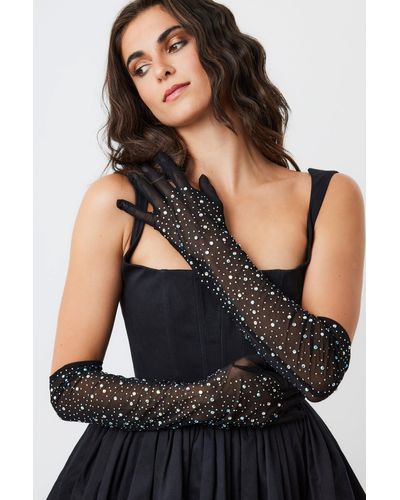 My Accessories London Over The Elbow Mesh Rhinestone Gloves - Black