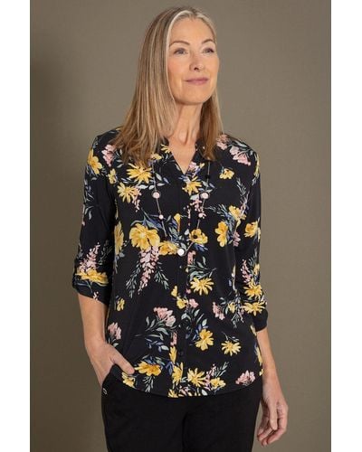 Anna Rose Bouquet Print Blouse With Necklace - Brown