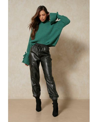MissPap Leather Look Pocket Detail Jogger - Green