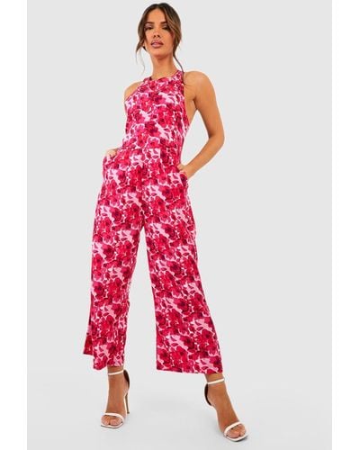 Boohoo Floral Print Culotte Jumpsuit - Red