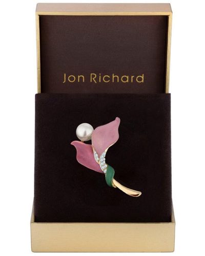 Jon Richard Gold Plated Pink Enamel Floral Brooch - Gift Boxed - Black
