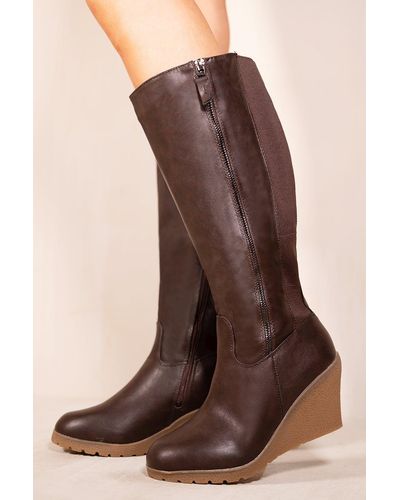 Where's That From 'lara' Wedge Heel Mid Calf High Boots With Side Zip - Brown