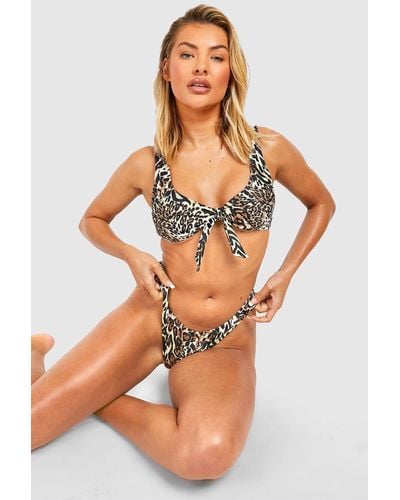 Boohoo Leopard Tie Plunge Bikini Top - Brown