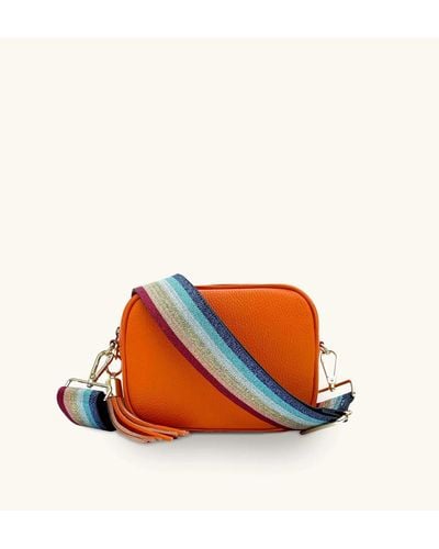 Apatchy London Orange Leather Crossbody Bag With Rainbow Strap