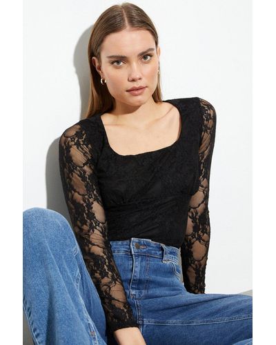 Dorothy Perkins Lace Square Neck Long Sleeve Top - Black