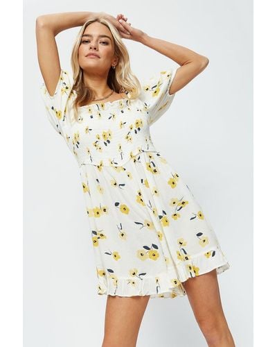 Dorothy Perkins Petite Yellow Floral Shirred Playsuit - White