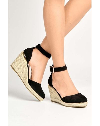 Miss Diva Adara Faux Suede Round Toe Espadrille Wedges With Anklestrap - Black